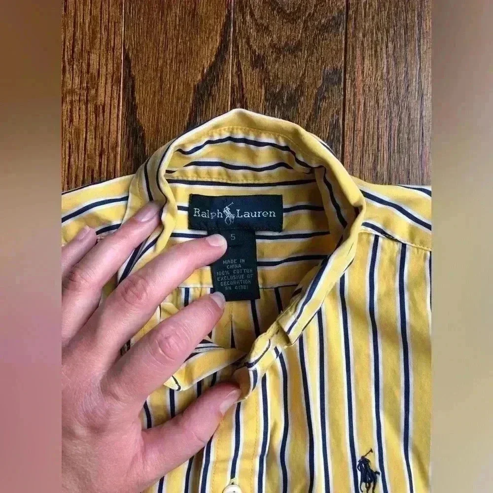 Ralph Lauren Boys 5 Yellow Button-Down w/Blue White Vertical Stripes - EUC!!